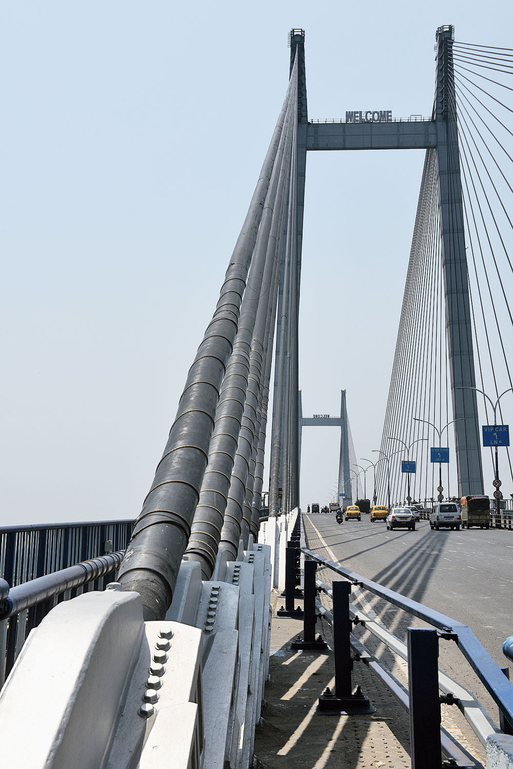 The stay cables on Vidyasagar Setu. The bridge is supported by 152 stay cables, of which 12 will be replaced