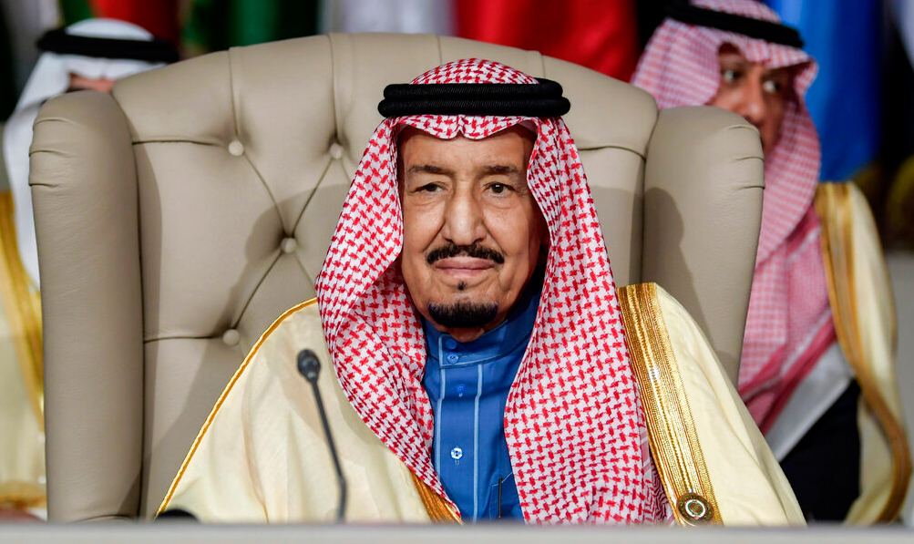 Saudi Arabia's King Salman attends the opening session of the 30th Arab League summit in the Tunisian capital Tunis on Sunday, March 31, 2019. Leaders meeting in Tunisia for the annual summit are united in their condemnation of Trump administration policies seen as unfairly biased toward Israel.