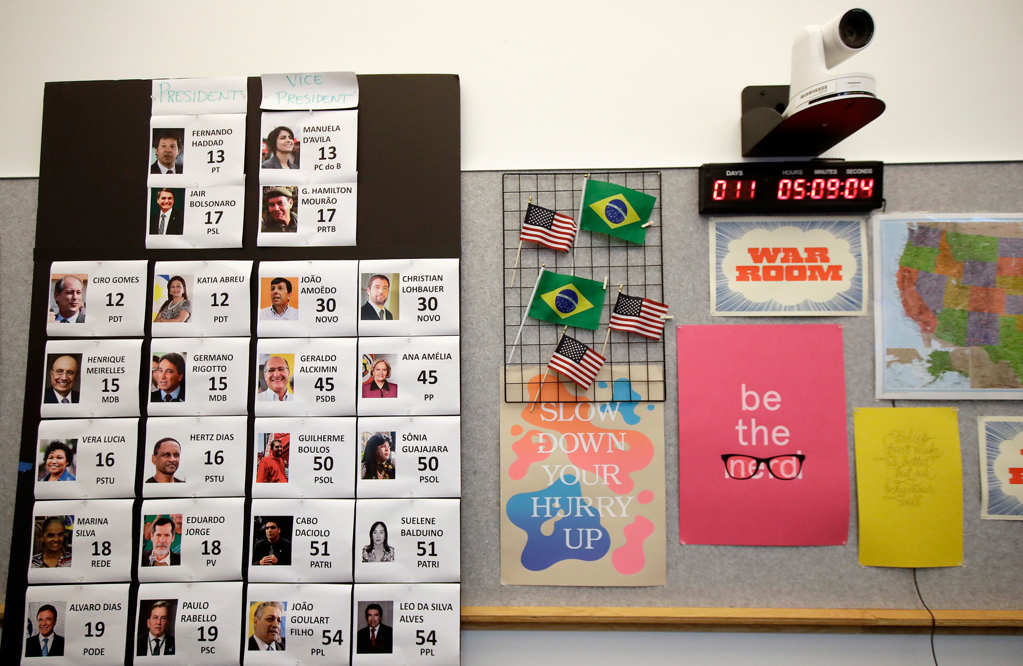 Photos of Brazilian election candidates and a clock counting down the election in Brazil are shown on a wall in the war room, where Facebook monitors election related content on the platform, in Menlo Park, California.
