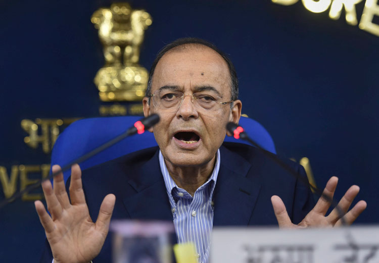Union finance minister Arun Jaitley at a media conference in New Delhi on Thursday