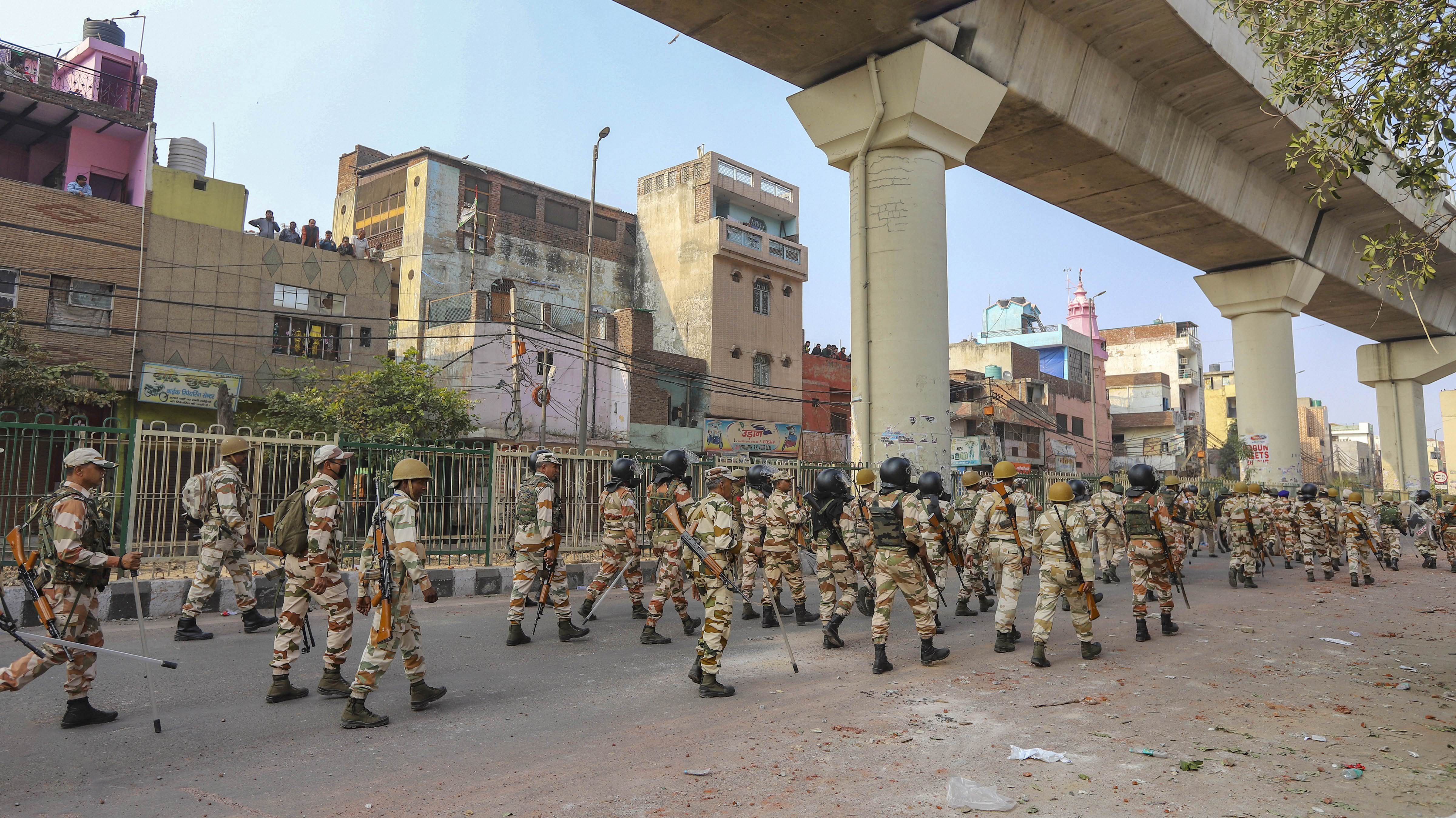 Heavy security deployed following clashes over the new citizenship law at Maujpur area of East Delhi, Tuesday, February 25, 2020