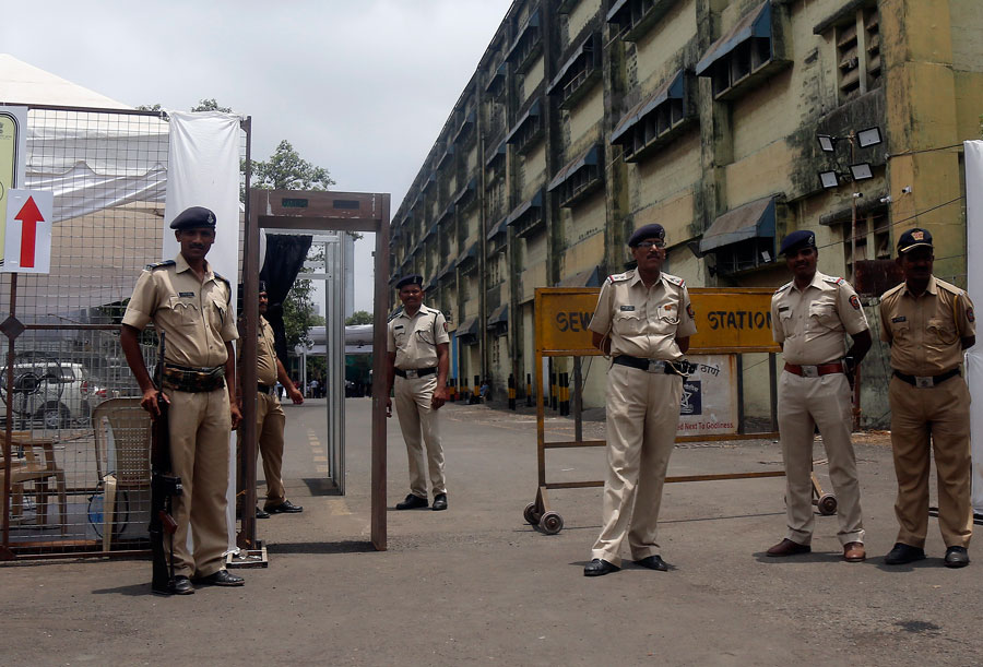 Security officials keep vigil outside a vote counting centre in Mumbai on May 21, 2019 