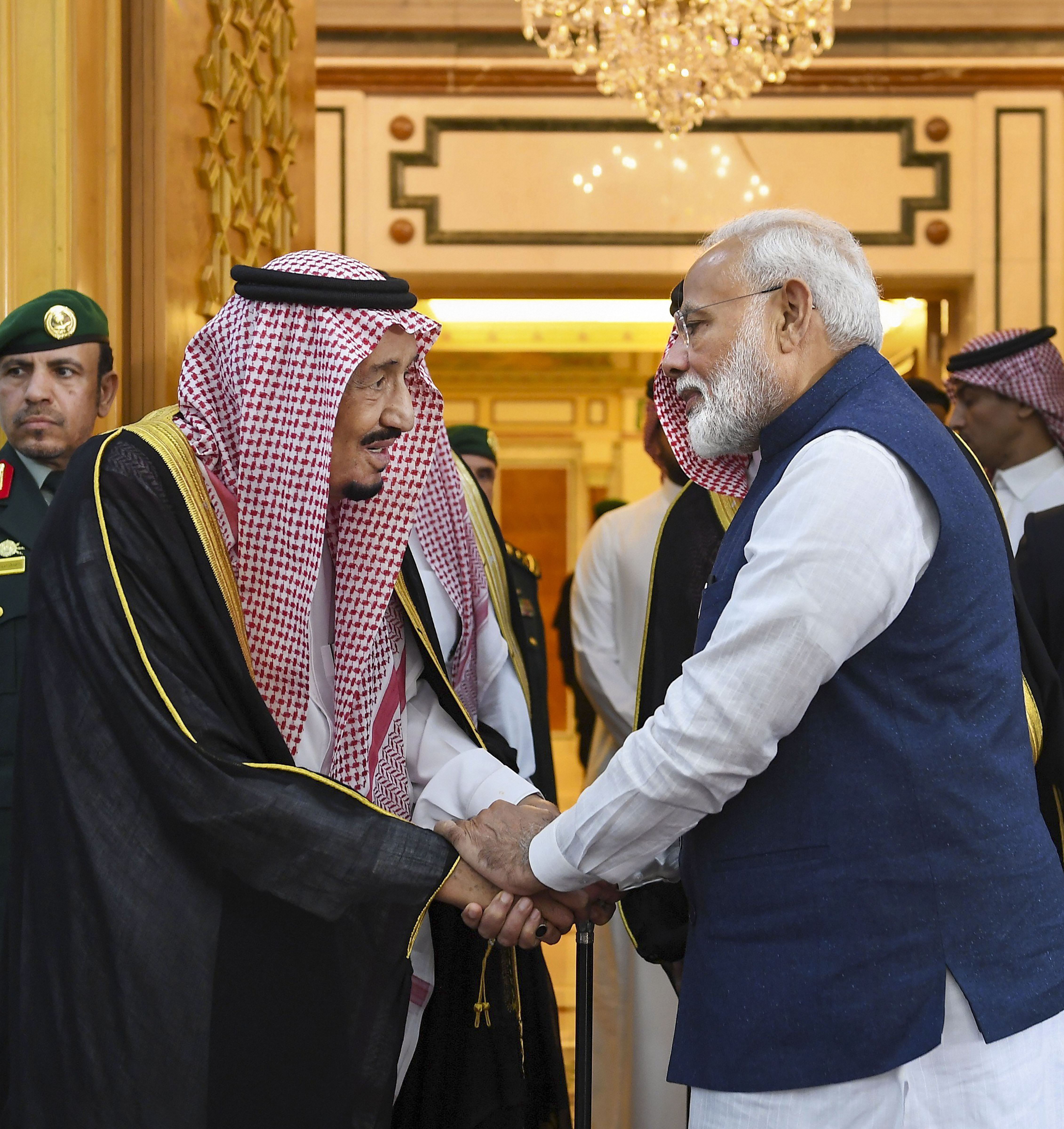 Prime Minister Narendra Modi with King Salman bin Abdulaziz Al Saud in Riyadh, Saudi Arabia, on Tuesday. 