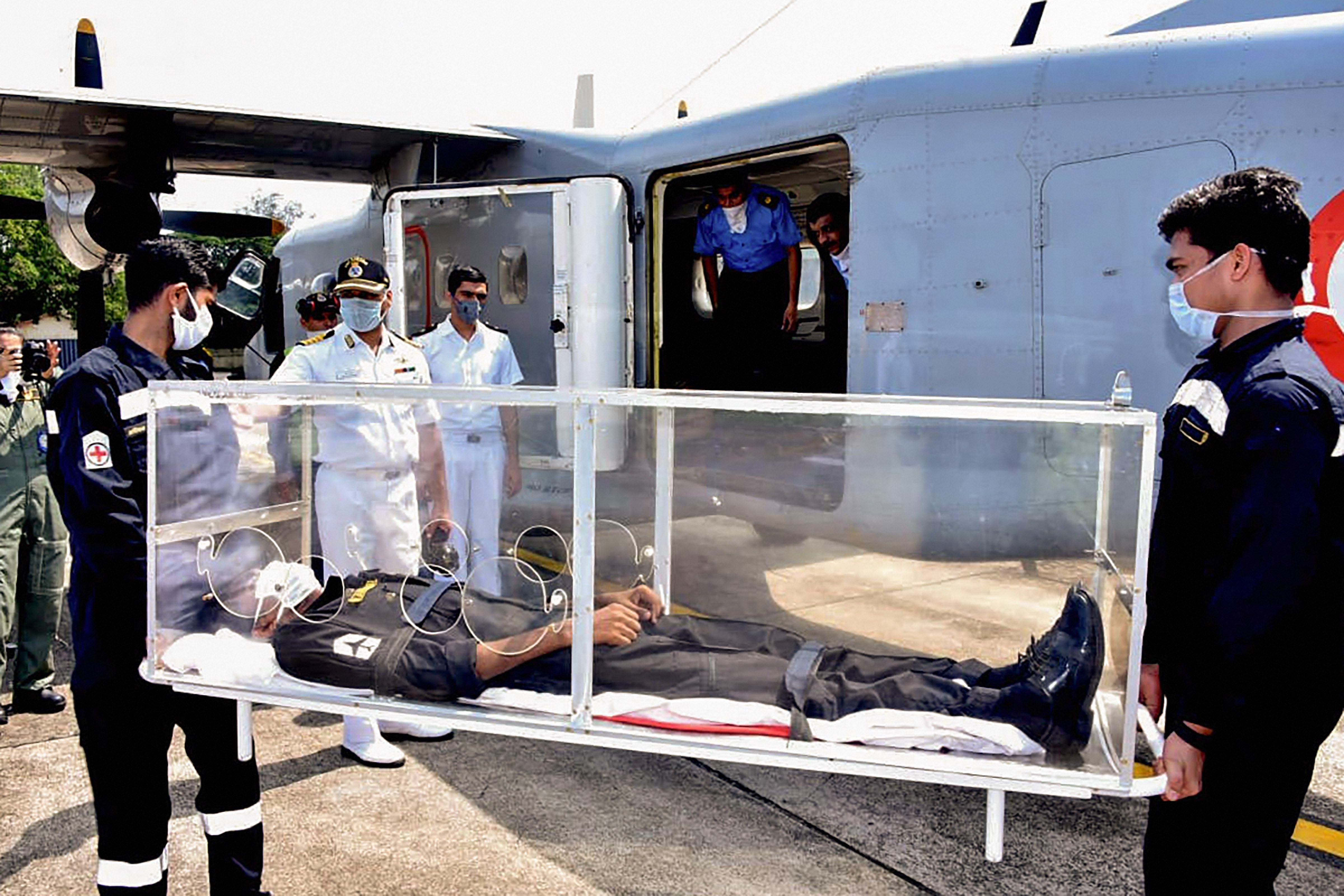 Southern Naval Command undertook medical evacuation trial in order to prepare for contingency requiring transfer personnel from Lakshadweep and Minicoy Islands, who may require medical assistance and for ships at sea during the COVID-19 outbreak, in Lakshadweep, Wednesday, April 8, 2020.