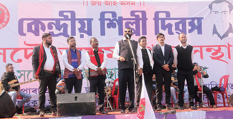Samujjal Kumar Bhattacharjya addresses the gathering in Mangaldoi on Friday. 
