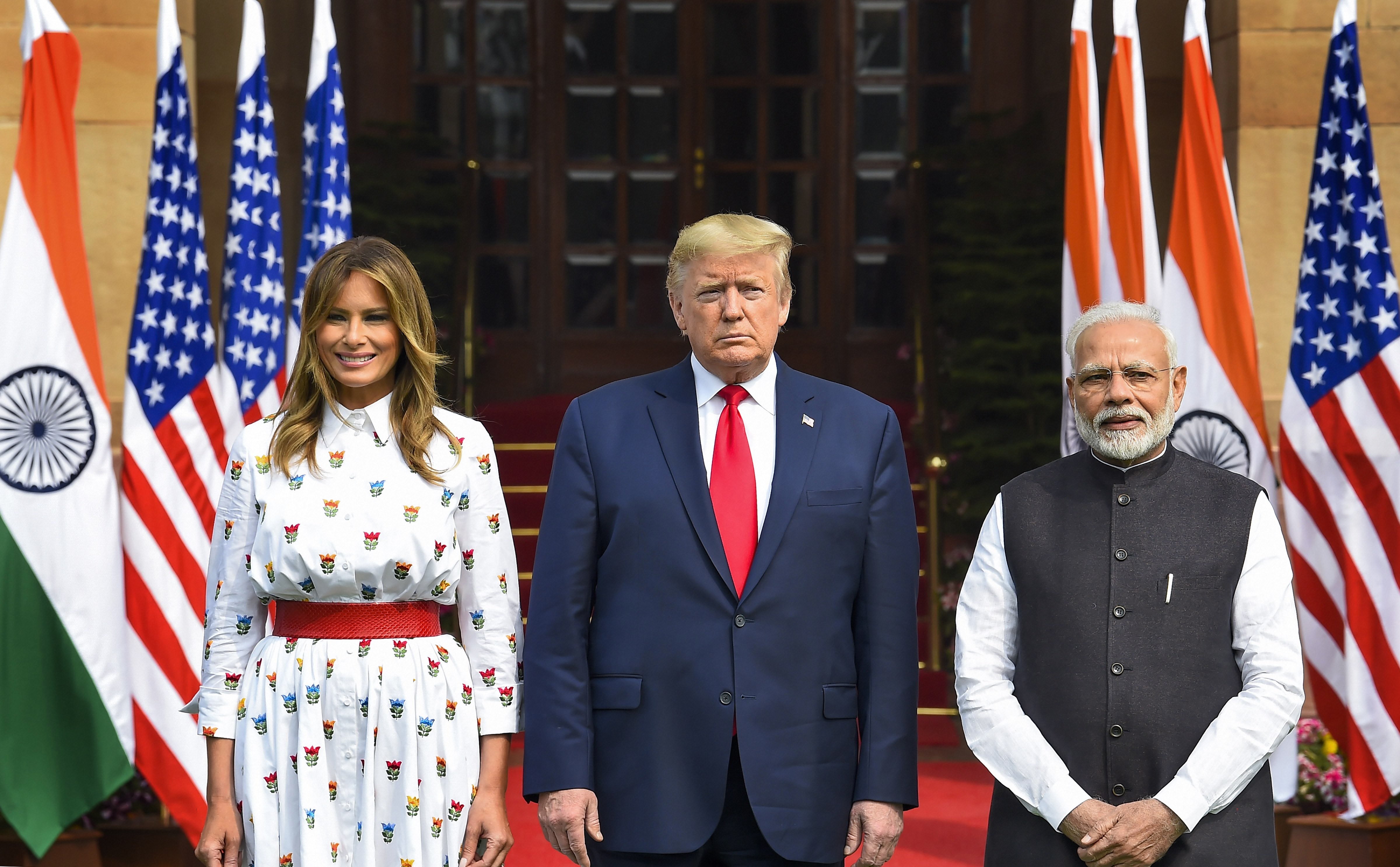 Prime Minister Narendra Modi with US President Donald Trump and First Lady Melania Trump prior to a meeting at the Hyderabad House in New Delhi, Tuesday, February 25, 2020