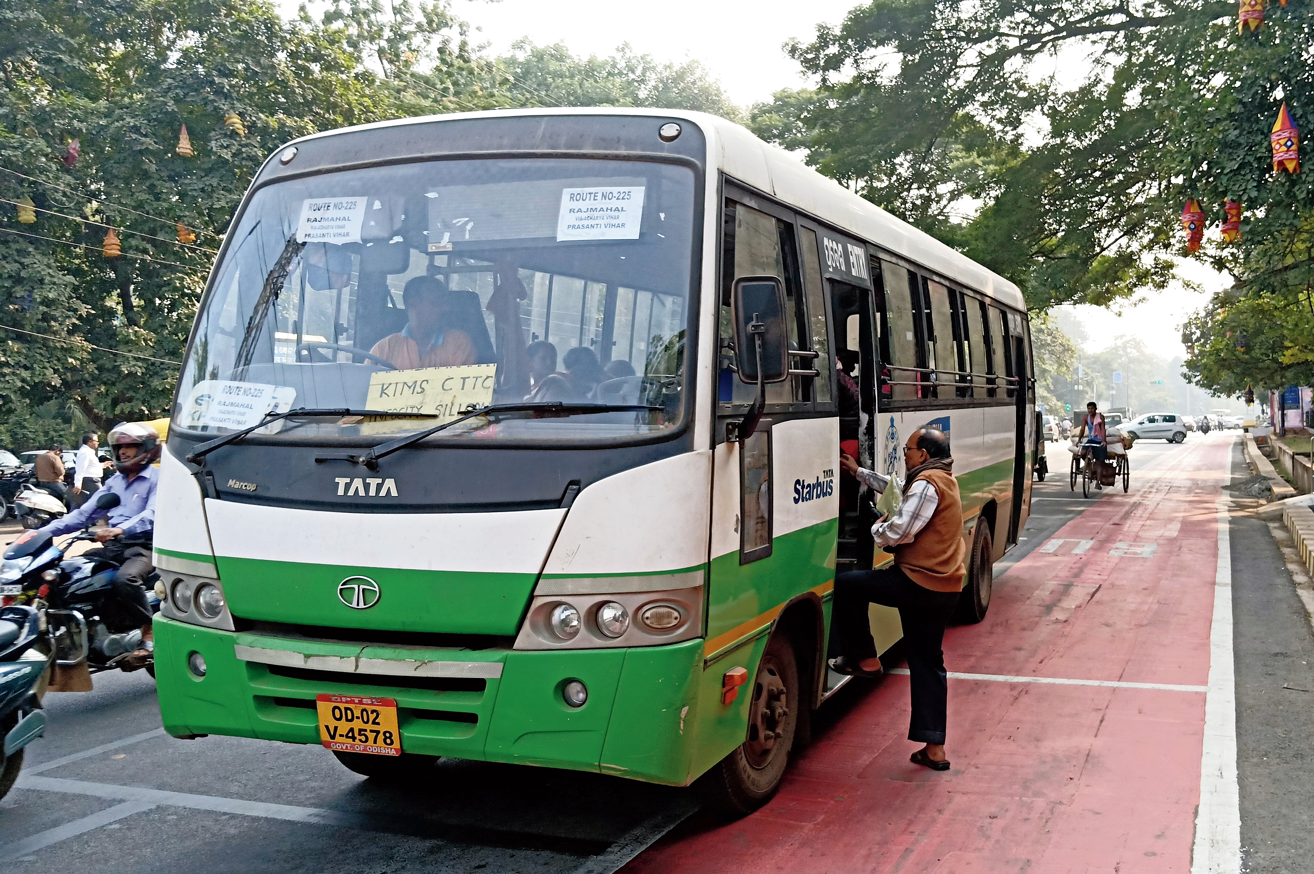 A city bus plies near Rabindra Mandap in Bhubaneswar. 