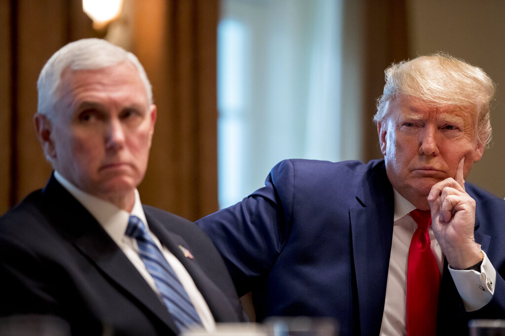 President Donald Trump and Vice President Mike Pence meet with pharmaceutical executives in the Cabinet Room of the White House, on Monday
