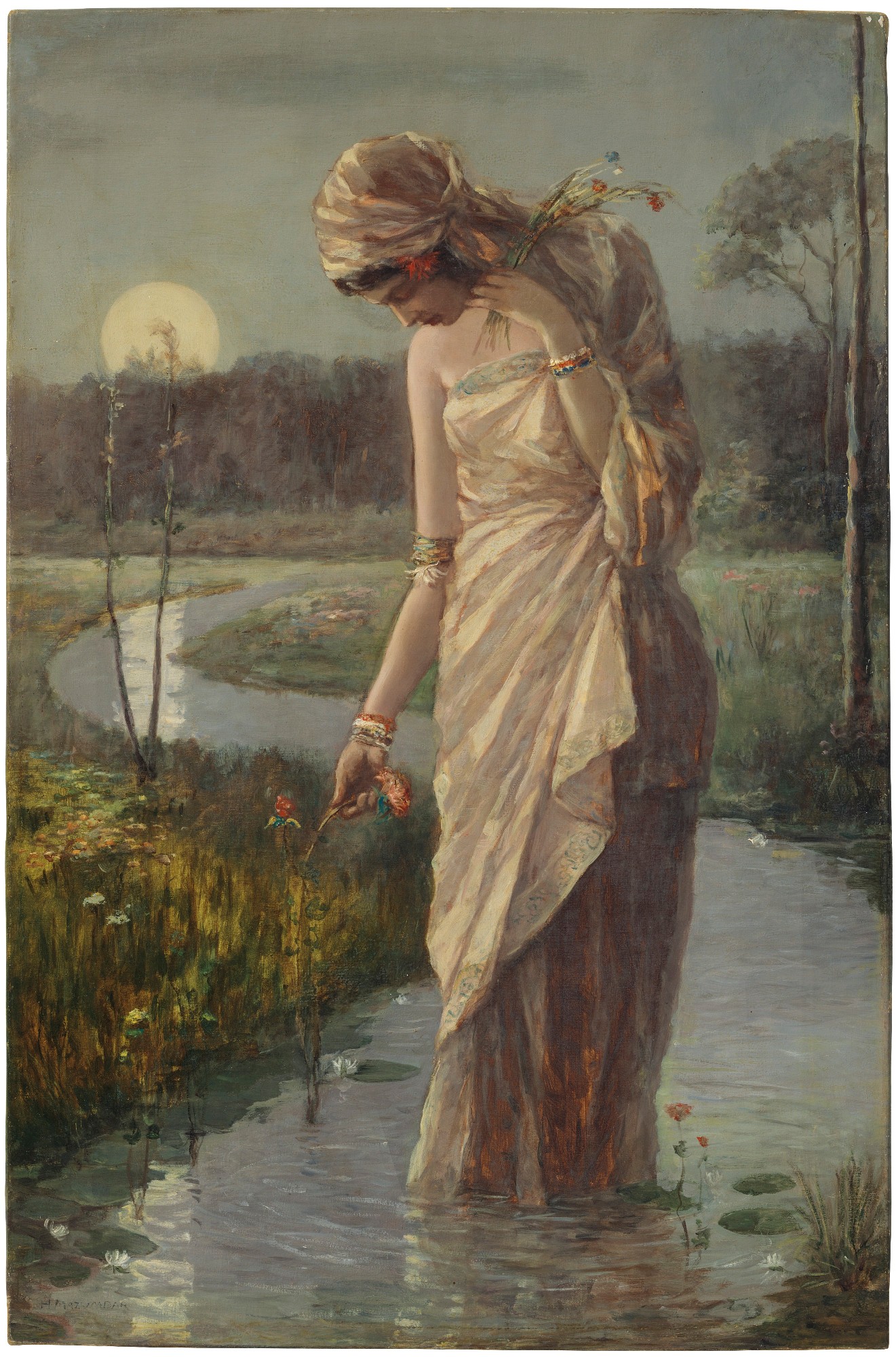 Untitled, Hemendranath Mazumdar.
Born in 1894 in erstwhile Bengal, Hemendranath Mazumdar was one of the few Indian artists of the early twentieth century to achieve academic and commercial success. Although he was a close associate of Abanindranath Tagore, Mazumdar was never won over by the ideals of the Neo-Bengal School that Tagore founded, preferring to work in the European academic style. Mazumdar is best known for his oil paintings of women, usually bathing or draped in diaphanous saris. His wife frequently sat for these portraits, explaining the similarities seen between many of these subjects’ features. Combining elements of Western classicism with Indian tradition, 'Untitled (Woman in River)' features a beautiful woman standing ankle-deep in a stream. With a bowed head, she collects flowers from the grassy banks of the stream. (Estimate: $30,000-50,000)