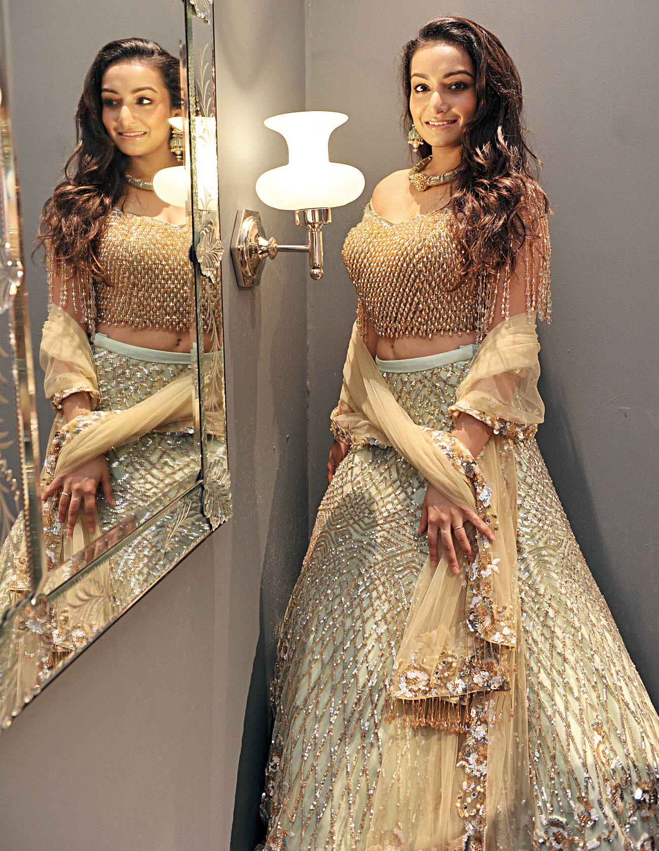 Paris Cafe owner Sneha Singhi stepped into a Suneet Varma lehnga paired with jewellery from Birdhichand Ghanshyamdas and “loved having all eyes” on her. “It was out of a fairy tale. Suneet Varma is the sweetest. He was so kind, he helped me walk around in those high heels. And to my surprise, he put my picture as his Instagram story!” said the pretty girl.