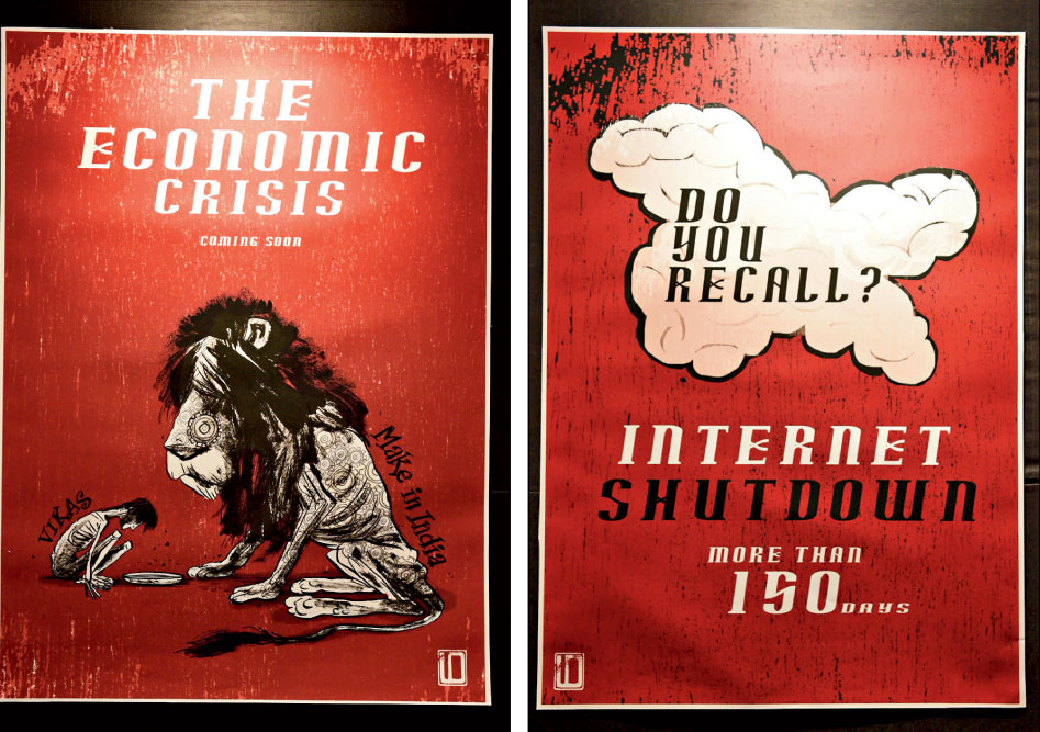 Posters at the exhibition. The poster on the left takes a dig at the make-in-India campaign and vikas (development). The one on the right is a reminder of the Kashmir lockdown.