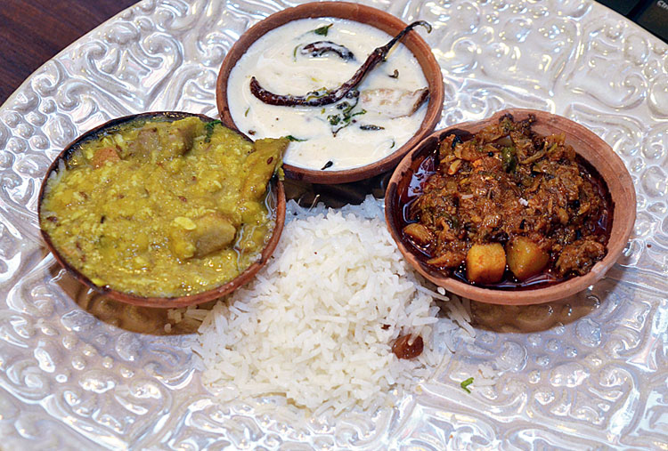 Dalma, Maccha Mahura, Dahi Baingan and Ghee Annam by Swissotel Kolkata Neotia Vista: Executive chef Ashis Rout went down memory lane of his time spent in his home state of Odisha to come up with this menu, using a mix of both “Satwik and Tamasik recipes”. While the Dalma (lentil stew with vegetables) and Ghee Annam (rice seasoned with lemon and ghee) were reminiscent of the bhog served in temples, the Dahi Baingan (eggplant in cumin-and curry-flavoured yoghurt) and Maccha Mahura (scrambled fish with root vegetables) were a slightly richer presentation of recipes from the state.