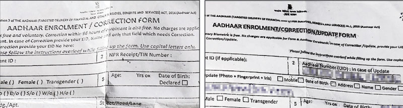 Two forms were distributed in Watgunge on Tuesday to update or enrol for Aadhaar. One of the forms (left) had a field for NPR Receipt/TIN Number printed in column 2 and the other (right) had a field for Aadhaar number in the same space. 