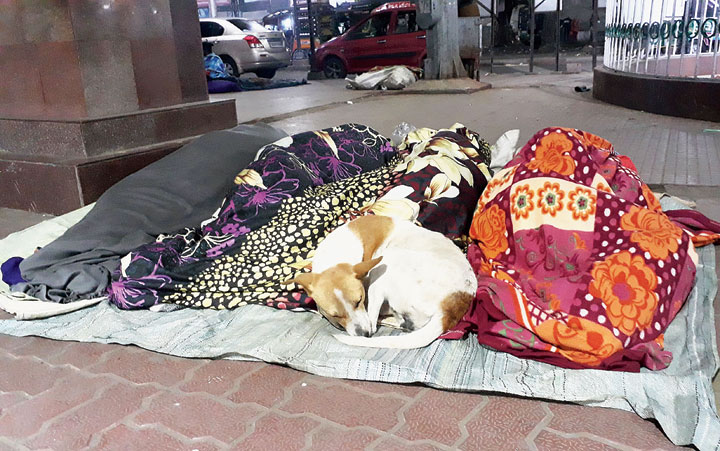 People wrapped in blankets sleep outside Dhanbad railway station on Wednesday night