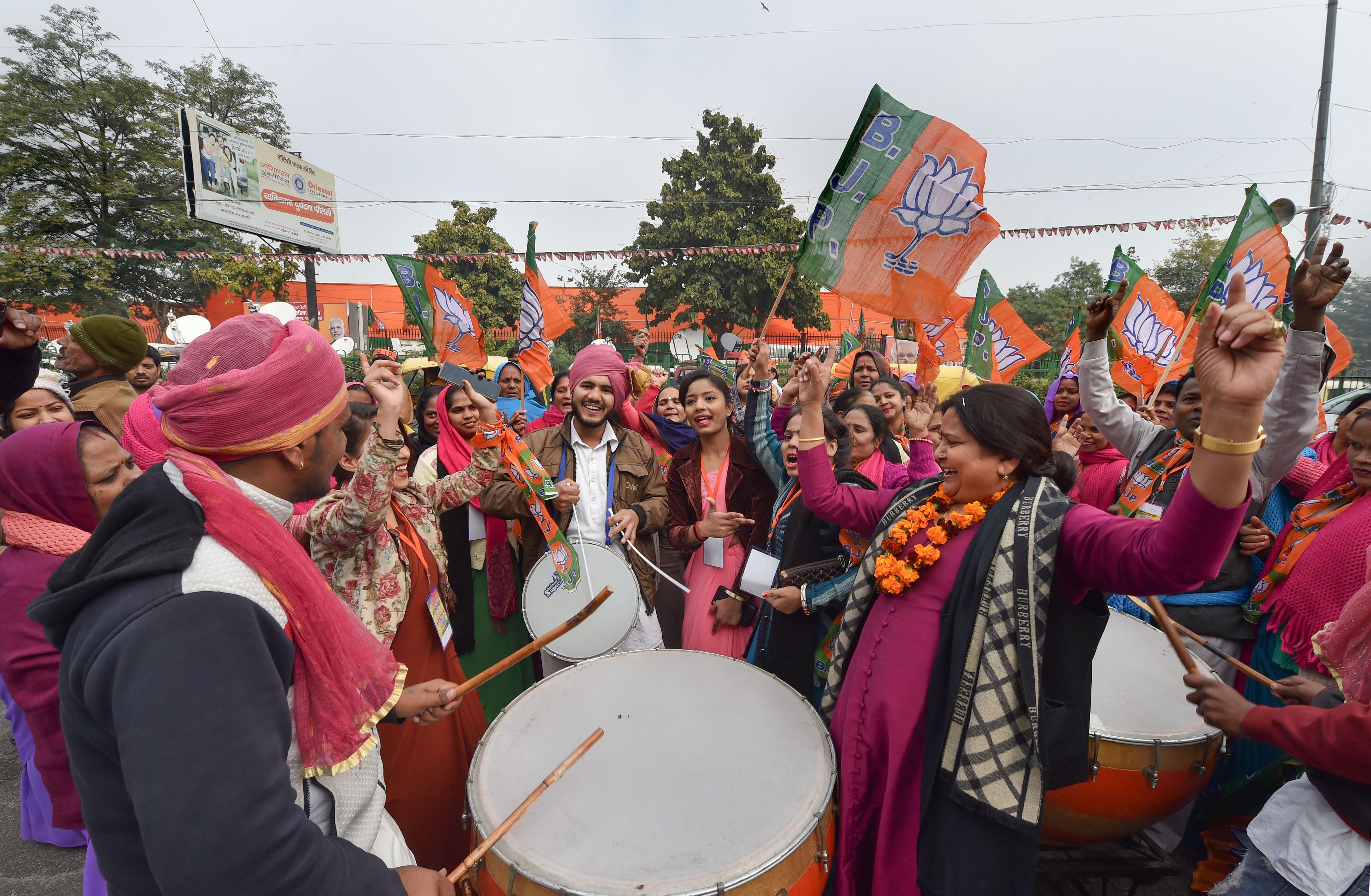 BJP supporters during Prime Minister Narendra Modi's rally at Ramlila Maidan, in New Delhi, Sunday, December 22, 2019.