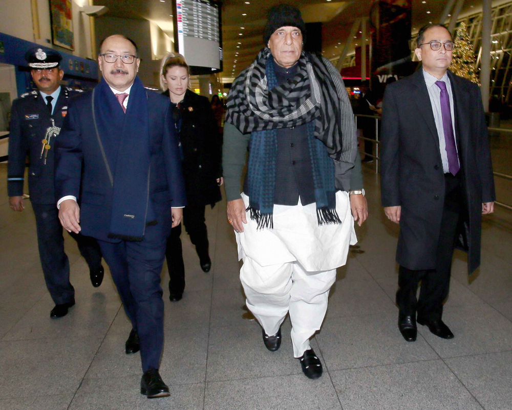 Defence minister Rajnath Singh at New York's John F Kennedy Airport on December 16