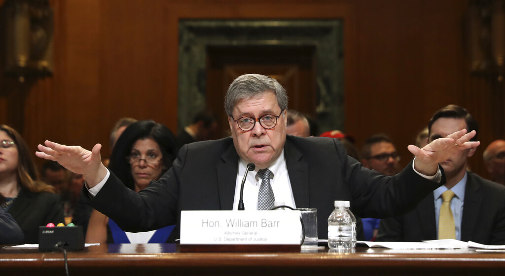 Attorney General William Barr appears before a Senate Appropriations sub-committee to make his Justice Department budget request in Washington on Wednesday.