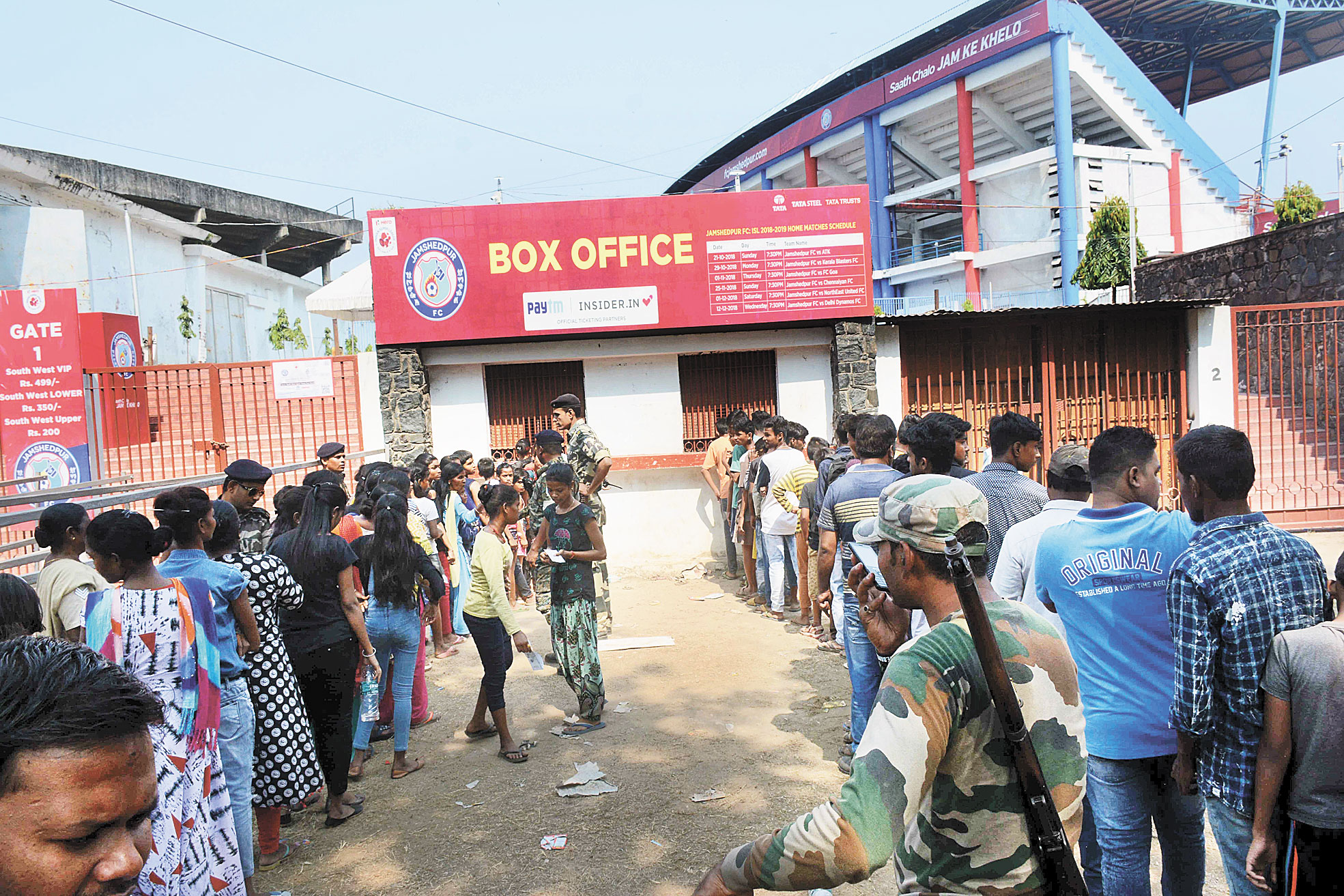 People queue up in front of the ISL ticket counters at JRD Tata complex in Jamshedpur on Thursday.