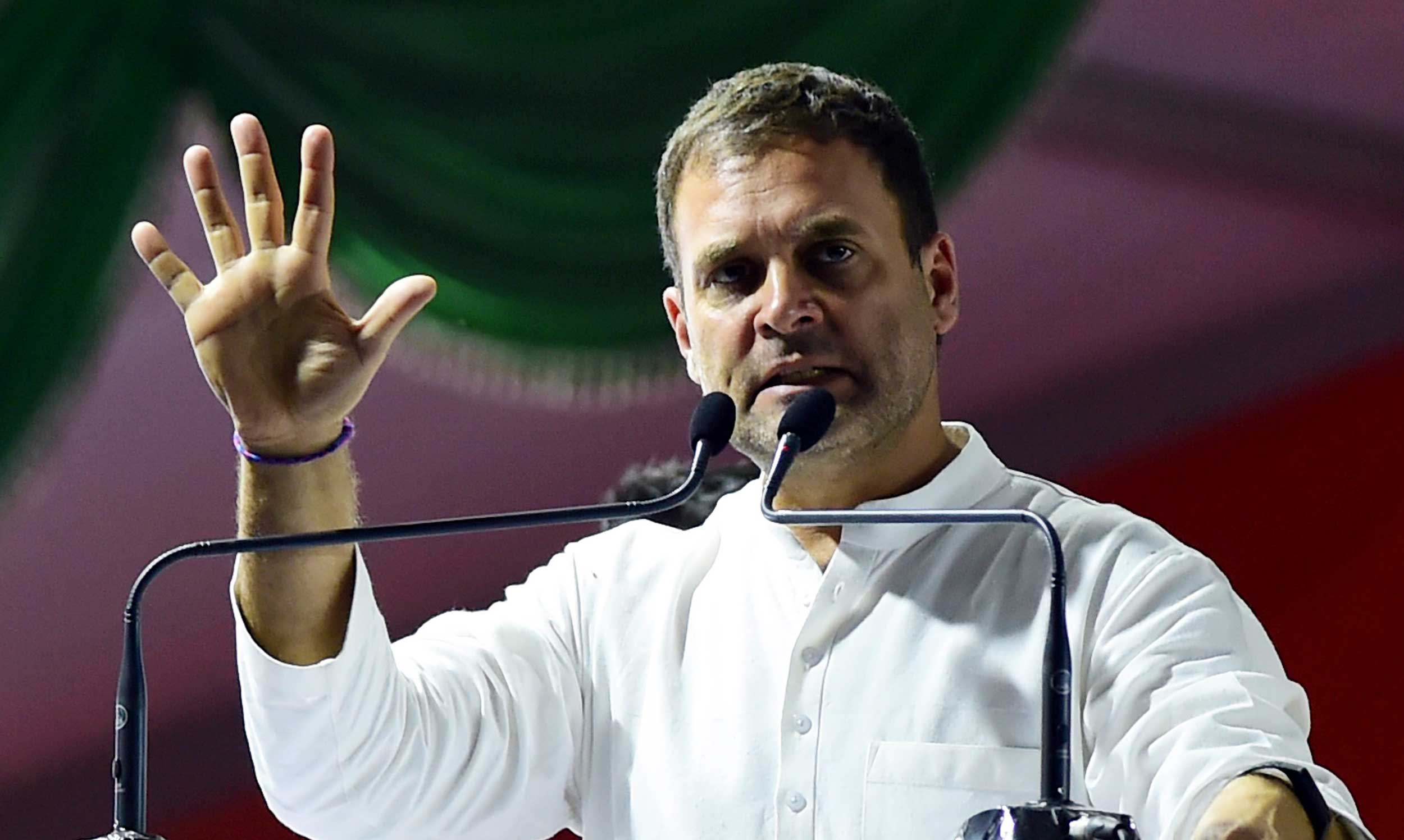 Rahul Gandhi speaks during the Congress-JD(S) rally ahead of Lok Sabha elections in Bangalore, on Sunday. 