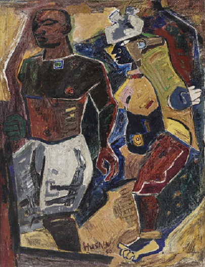 M. F. Husain, Peasant Couple, 1950, Oil on canvas.

While Nehruvian India was associated with scientific innovation, Husain’s paintings often privilege the rustic grandeur of the village and its hardy folk. Here, the earth-hued couple appear to merge with their pastoral setting. Husain reached his aesthetic zenith in the 1950s, following close on the heels of Peasant Couple. As Husain fabricates a visual language for a ‘secular’ India, he draws from both Mughal miniatures and pre-Islamic traditions of South Asia. ZJ