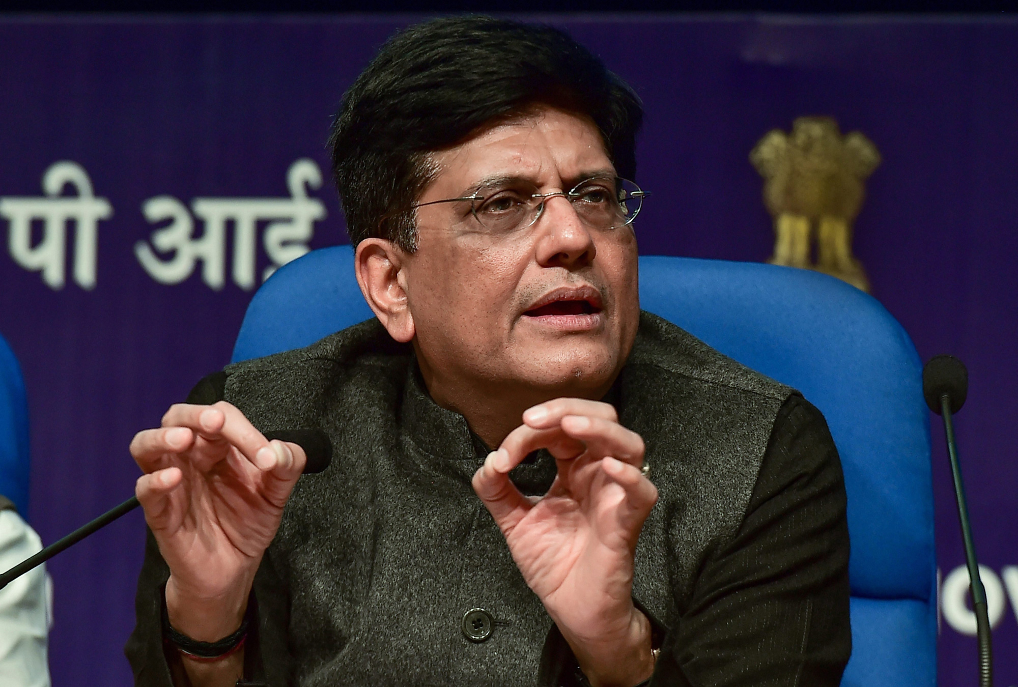 Finance Minister Piyush Goyal addresses a press conference after presenting the interim Budget on Friday.