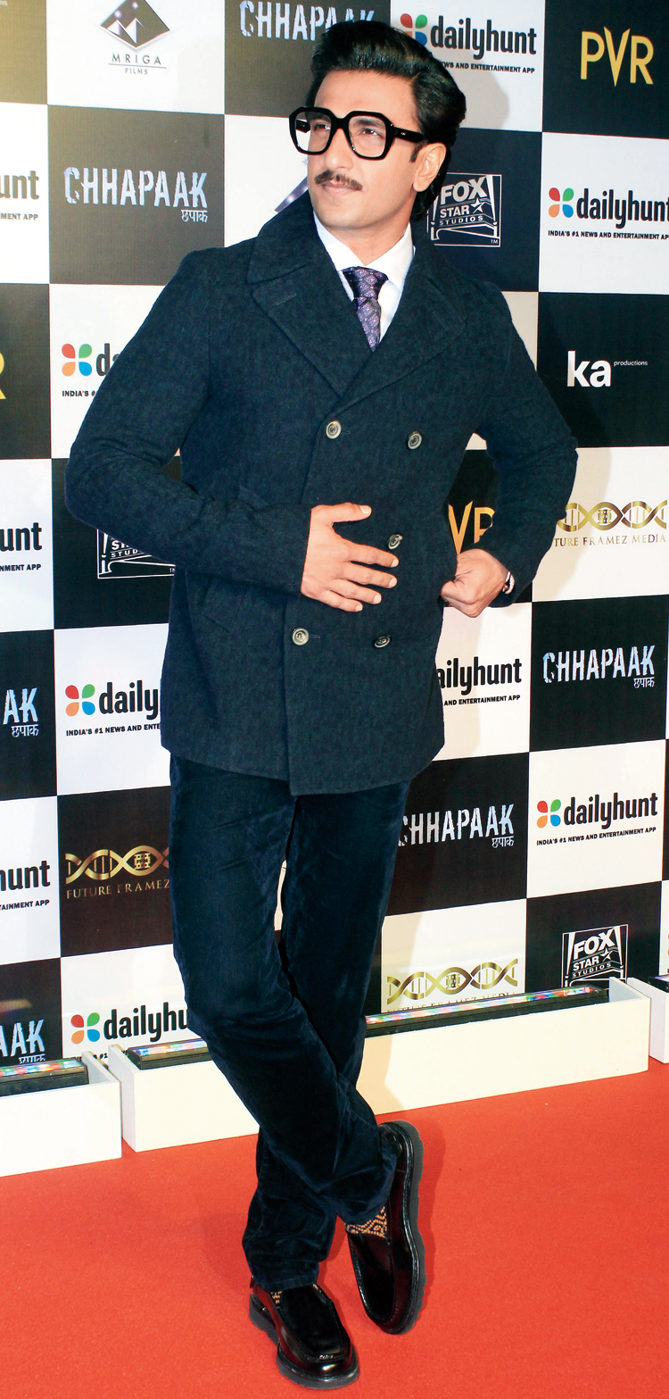 Ranveer Singh at the screening of wife Deepika Padukone’s Chhapaak on Wednesday. On Instagram, Ranveer called Chhapaak “one of the films of our times” and Deepika the “soul of the film”. To director Meghna Gulzar, he wrote: “Your film gives the audience hope and courage.... May I say ‘Bravo!’ And ‘Encore!’”
Text by PTI