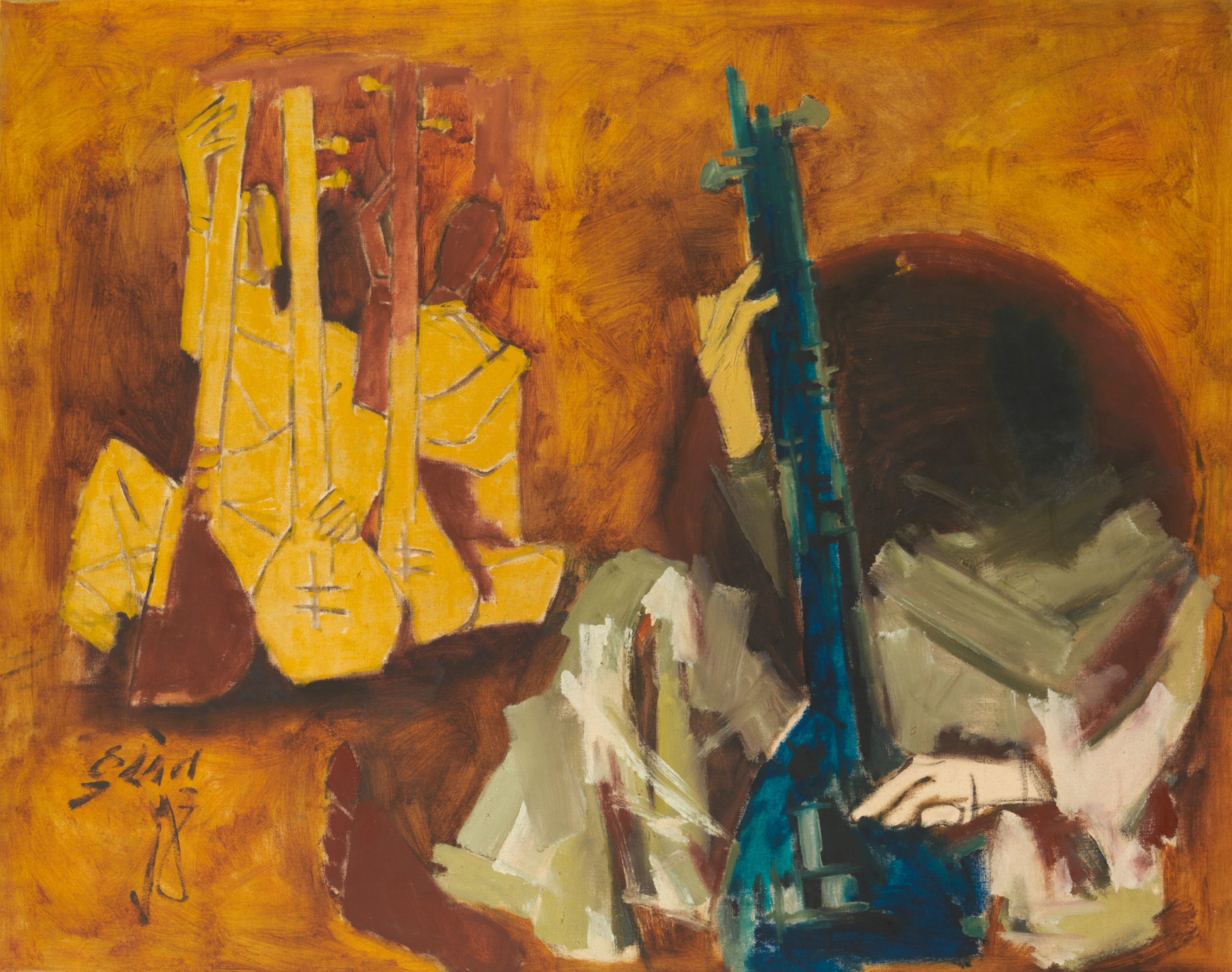 Like Untitled (Praying Woman), Untitled (Sitar Players) has also remained in the same collection since the year it was painted and has diplomatic provenance. The current owner lived in New Delhi from 1970-1973 as the wife of the Greek Ambassador and was given lodgings at The Oberoi Hotel. Charmed by Husain's paintings that were being sold at the hotel, she bought three works, all different in style and subject matter, including this work, a modern interpretation of Ragamala paintings. Maqbool Fida Husain, Untitled (Sitar Players); Oil on canvas, 1970, 102 x 127.5 cm; 150,000 - 200,000 GBP