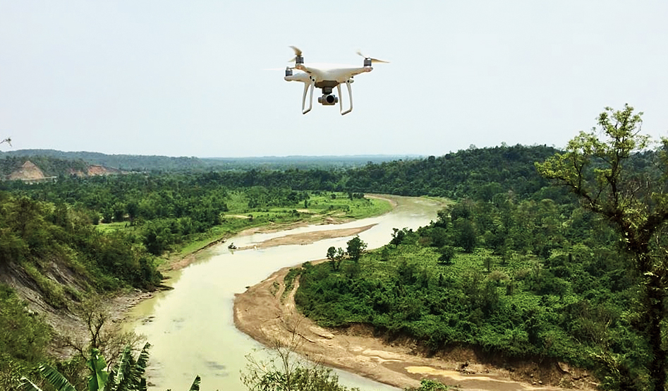 A drone monitors stone quarry in Cachar district.
