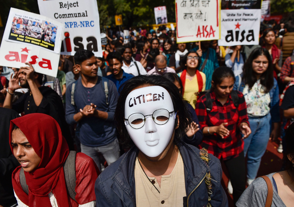 Students participate in a demonstration Delhi Chalo against CAA , NRC and NPR at Jantar Mantar in New Delhi, Tuesday, March 3, 2020.
