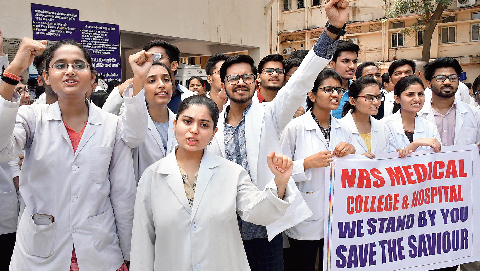 Doctors at a protest at Hamidia hospital in Bhopal.