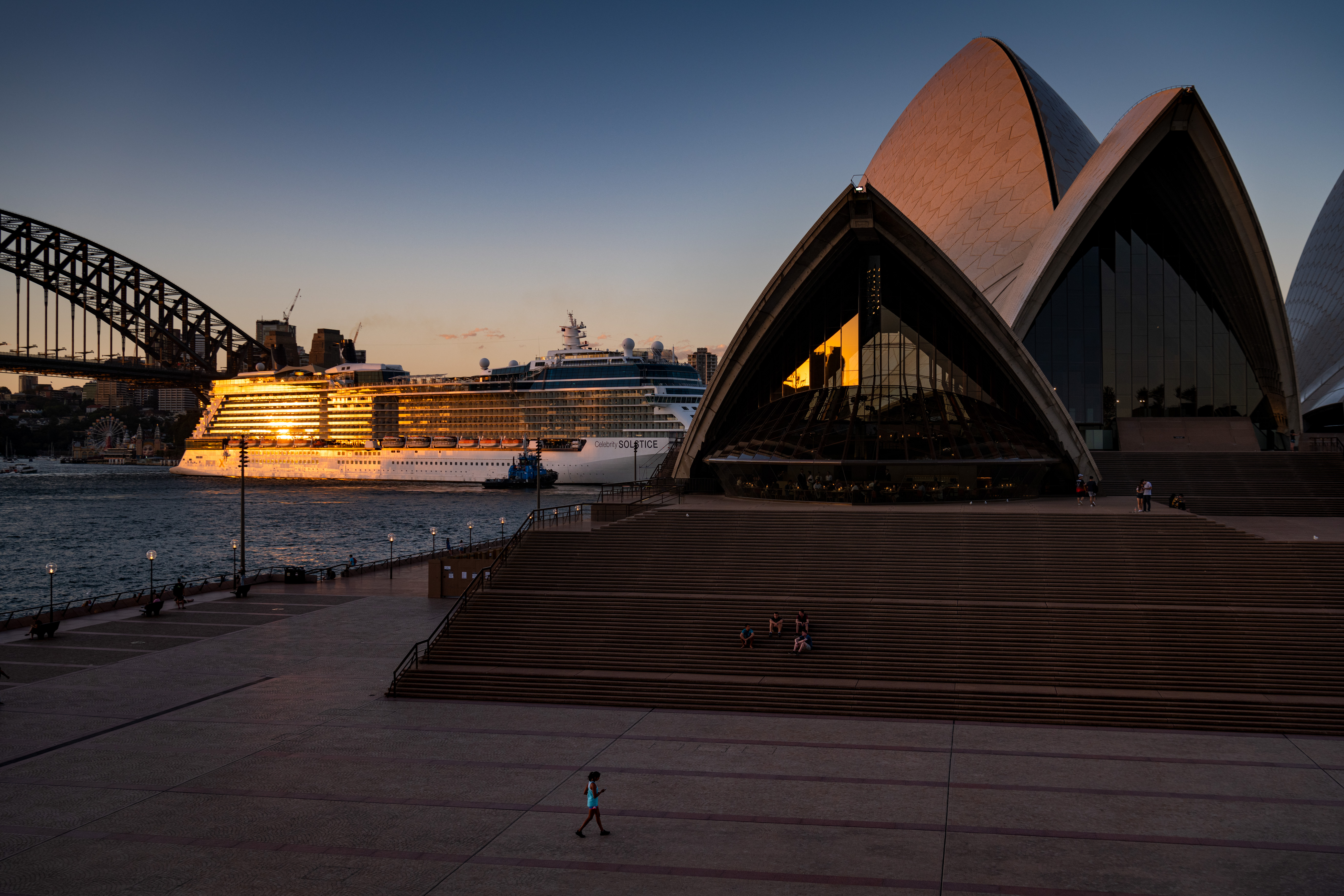 The Sydney Opera house at sunset, a time when tourists usually flock for photos, seen March 20, 2020