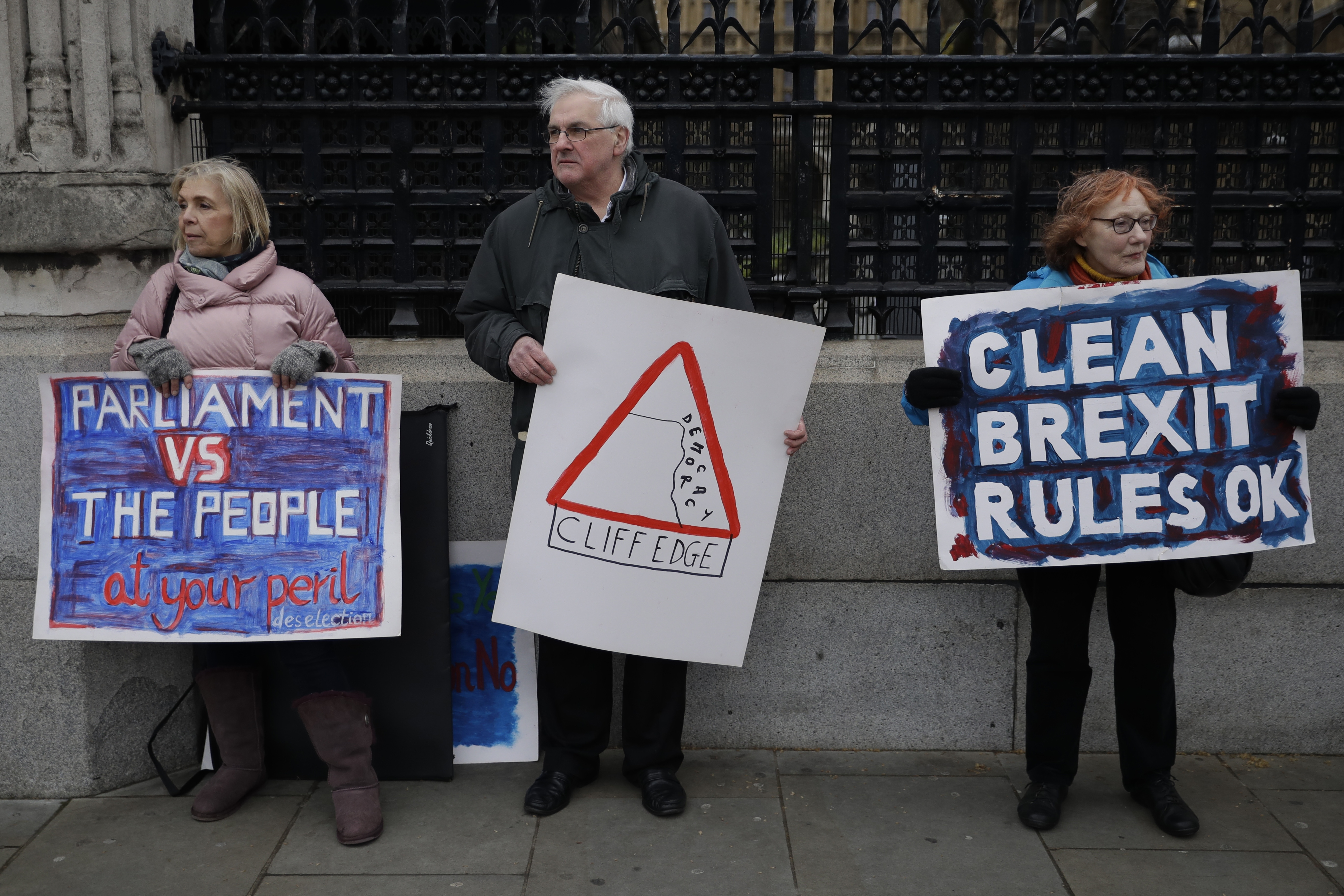 Pro-Brexit supporters take part in a protest outside the Houses of Parliament in London on Tuesday, March 12, 2019. 