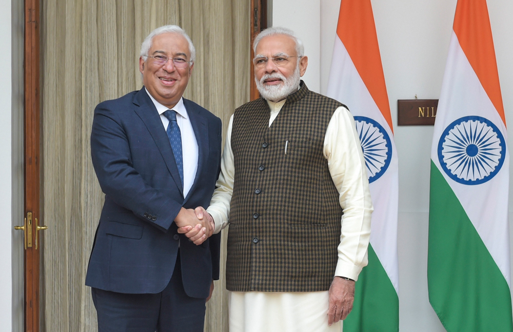 Prime Minister Narendra Modi shakes hands with his Portuguese counterpart, Antonio Costa, before their meeting at Hyderabad House in New Delhi on December 19