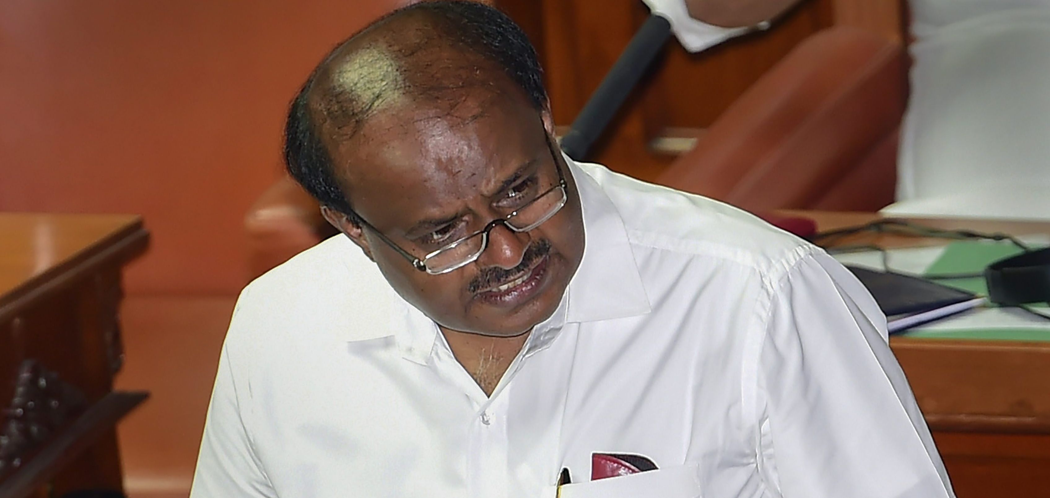 Karnataka chief minister H.D. Kumaraswamy speaks in the House on February 6. If the resignations of the 16 MLAs are accepted, the ruling coalition's tally will be plummet to 101, reducing the 13 month-old Kumaraswamy government to a minority.

