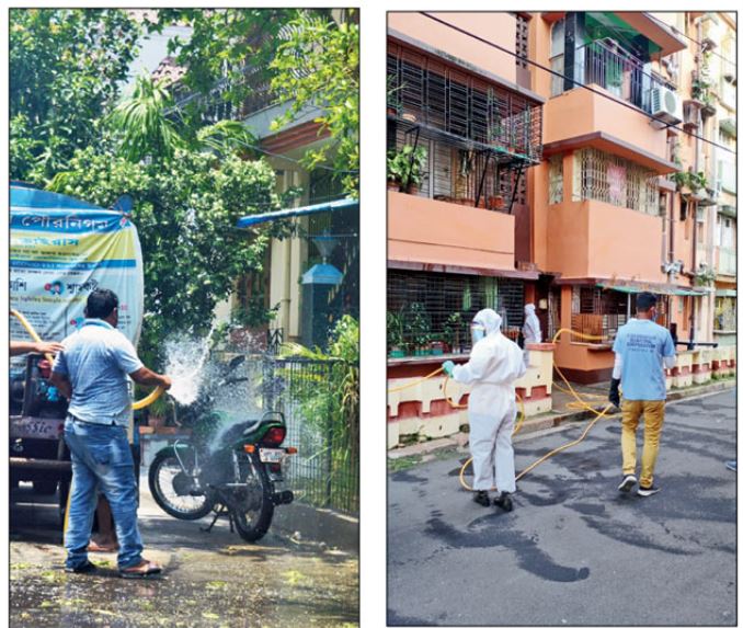 (Left) A civic worker sanitises AH Block last Friday; workers in personal protective equipment sanitise Labony Estate on Wednesday
