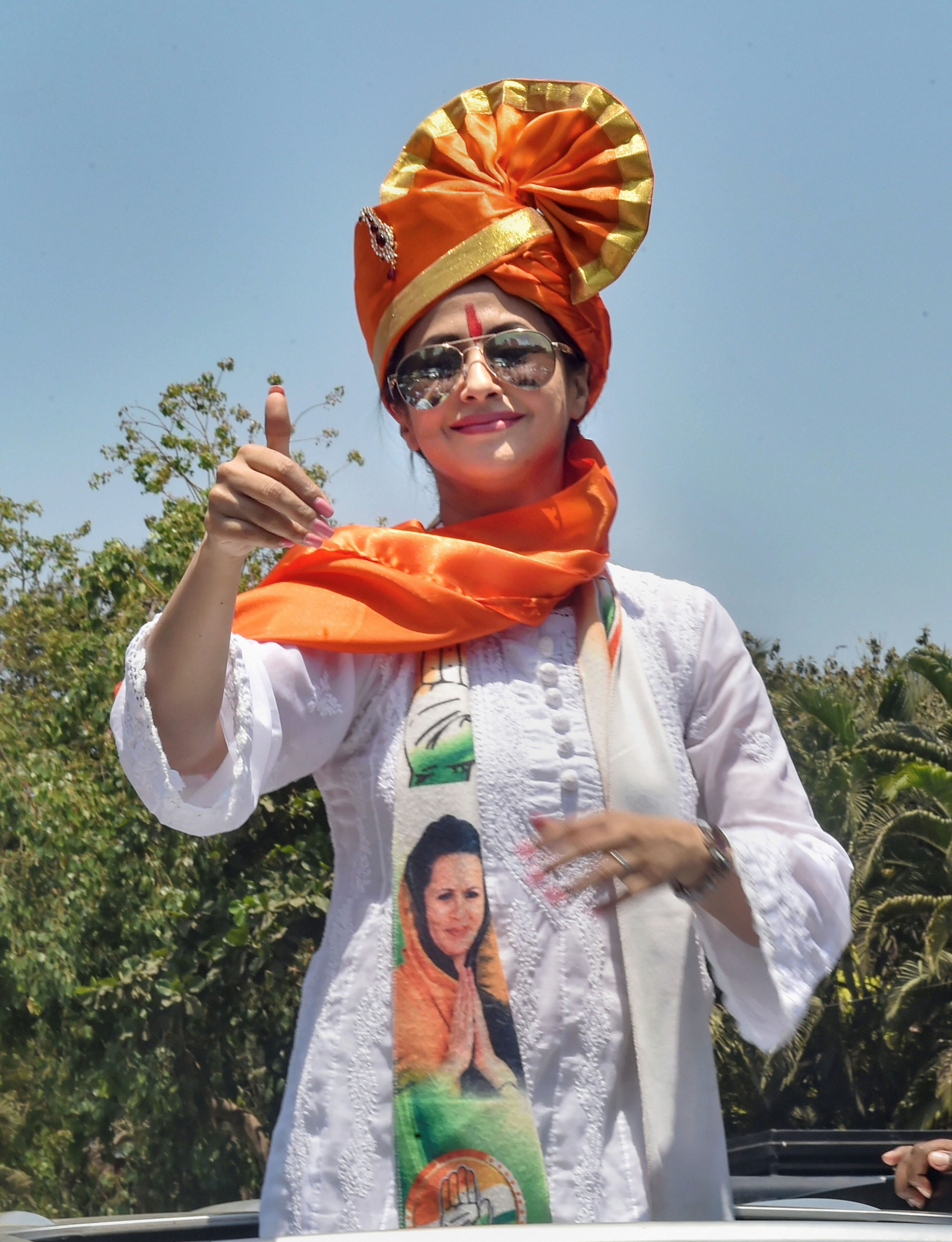 In this April 8, 2019, file photo, actor-turned-politician Urmila Matondkar leaves after filing her nominations ahead of Lok Sabha elections in Mumbai. 