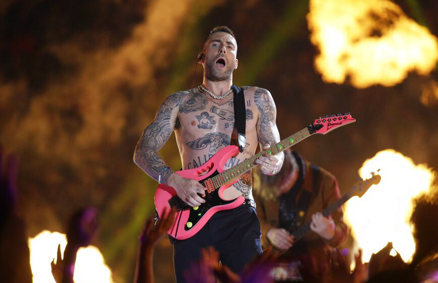 Adam Levine of Maroon 5 performs during halftime of the NFL Super Bowl 53 football game between the Los Angeles Rams and the New England Patriots on Sunday.