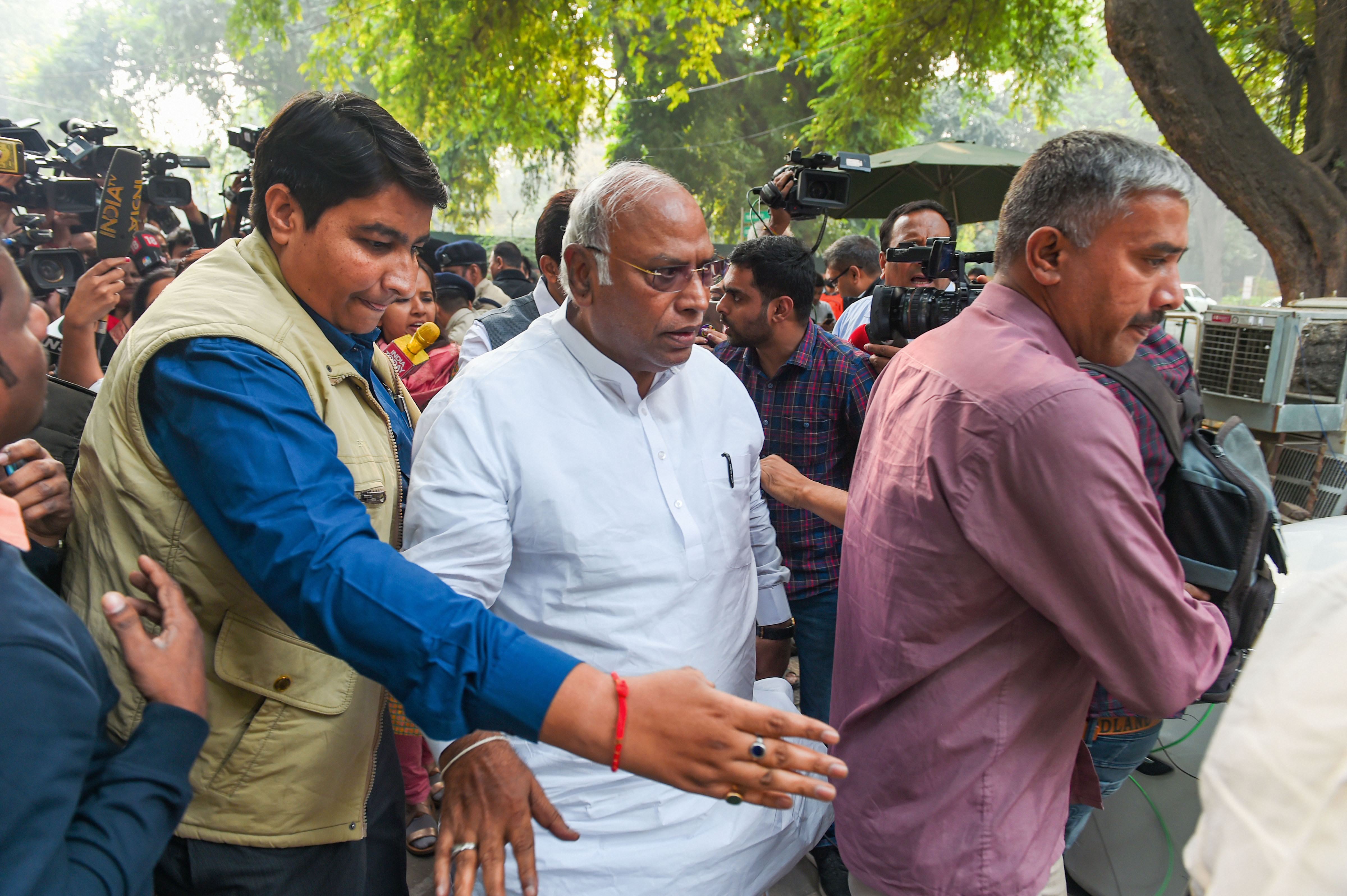 AICC general secretary in-charge for Maharashtra Mallikarjun Kharge leaves after a meeting of the Congress Working Committee at 10 Janpath, in New Delhi, Monday, November 11, 2019.