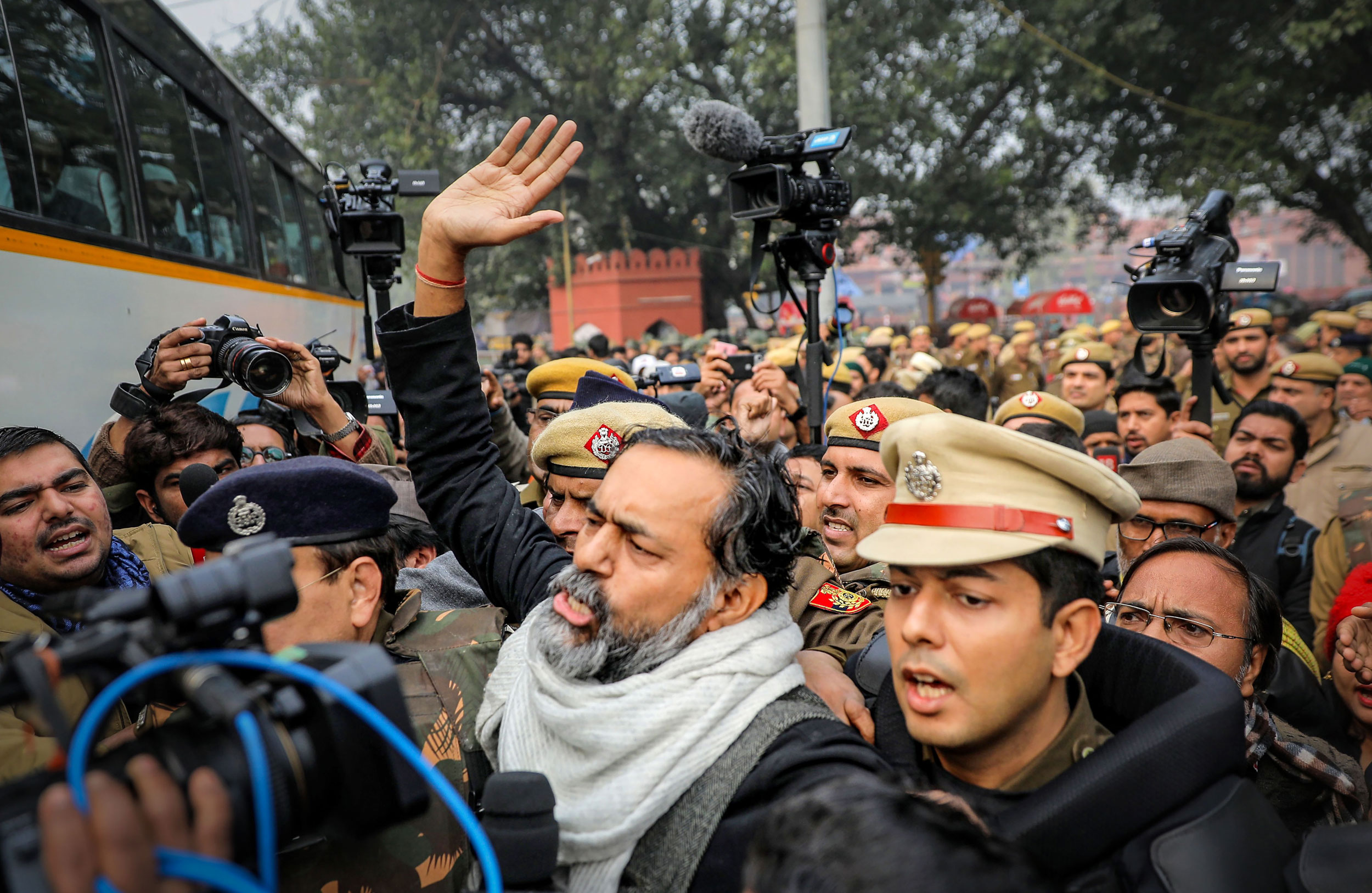 Yogendra Yadav is detained by police during an anti-Citizenship Act protest at Red Fort in New Delhi on Thursday. “The Constitution is greater than this (amended citizenship) law,” Yadav said.