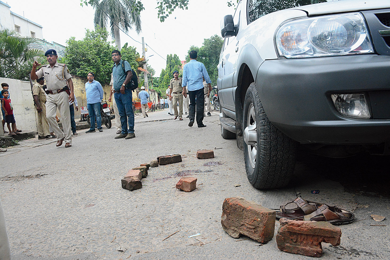 Bloodstains beside the victim’s car near the Kotwali police station on Friday.