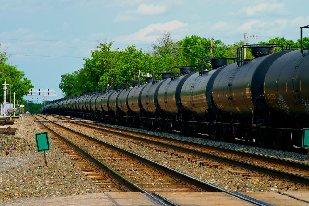 A train of the Burlington Northern Santa Fe railway with oil tank cars used for transporting oil from the Bakken Shale oil fields.
