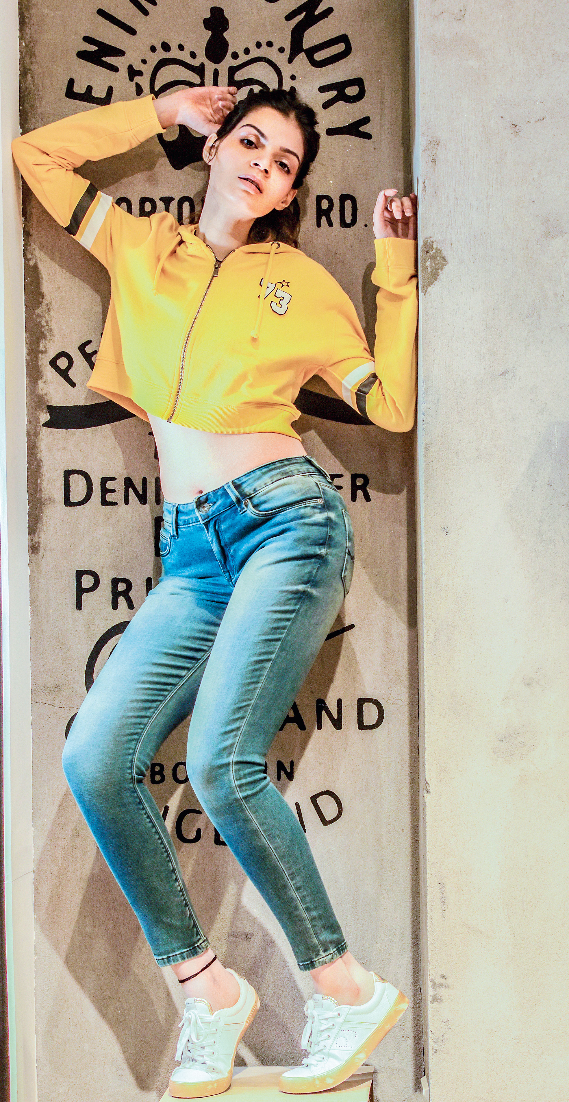 Emily, high-waist ladies design, light-used denim with mild whiskers and mild PP spray on body