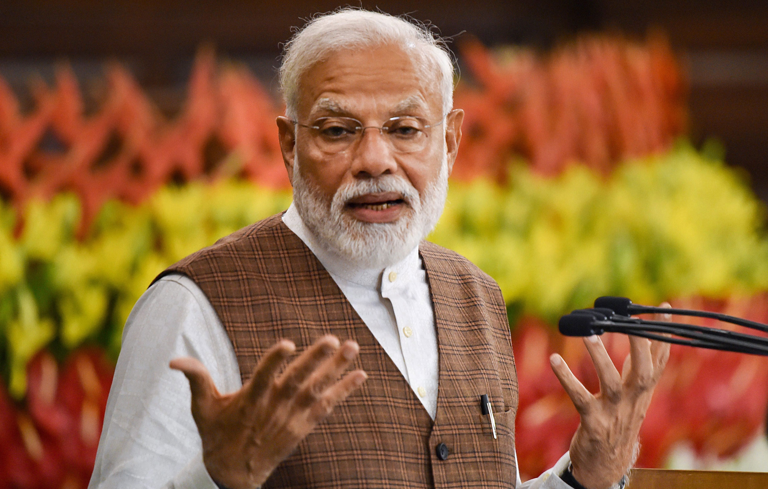 Prime Minister Narendra Modi addresses a parliamentary board meeting in New Delhi on May 25, 2019. Immediately after the election results were declared, his government published GDP figures that showed the lowest quarterly growth in the last five years