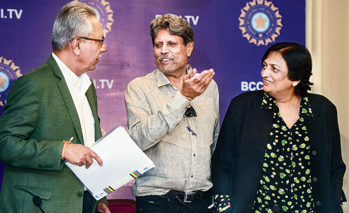 Cricket Advisory Committee members Anshuman Gaekwad, Kapil Dev and Shanta Rangaswamy at the media conference in Mumbai on Friday.