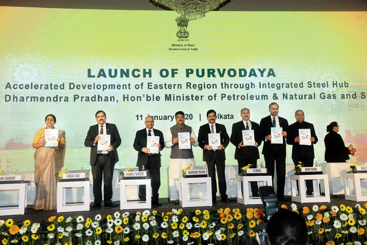Dharmendra Pradhan with officials at the launch of the Purvodaya programme in Calcutta on Saturday. 