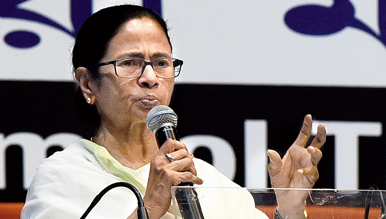 Mamata Banerjee at the labour convention in Calcutta on Monday. 
