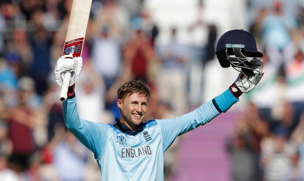 England's Joe Root celebrates his century during the Cricket World Cup match between England and West Indies at the Hampshire Bowl in Southampton, England, Friday, June 14, 2019.