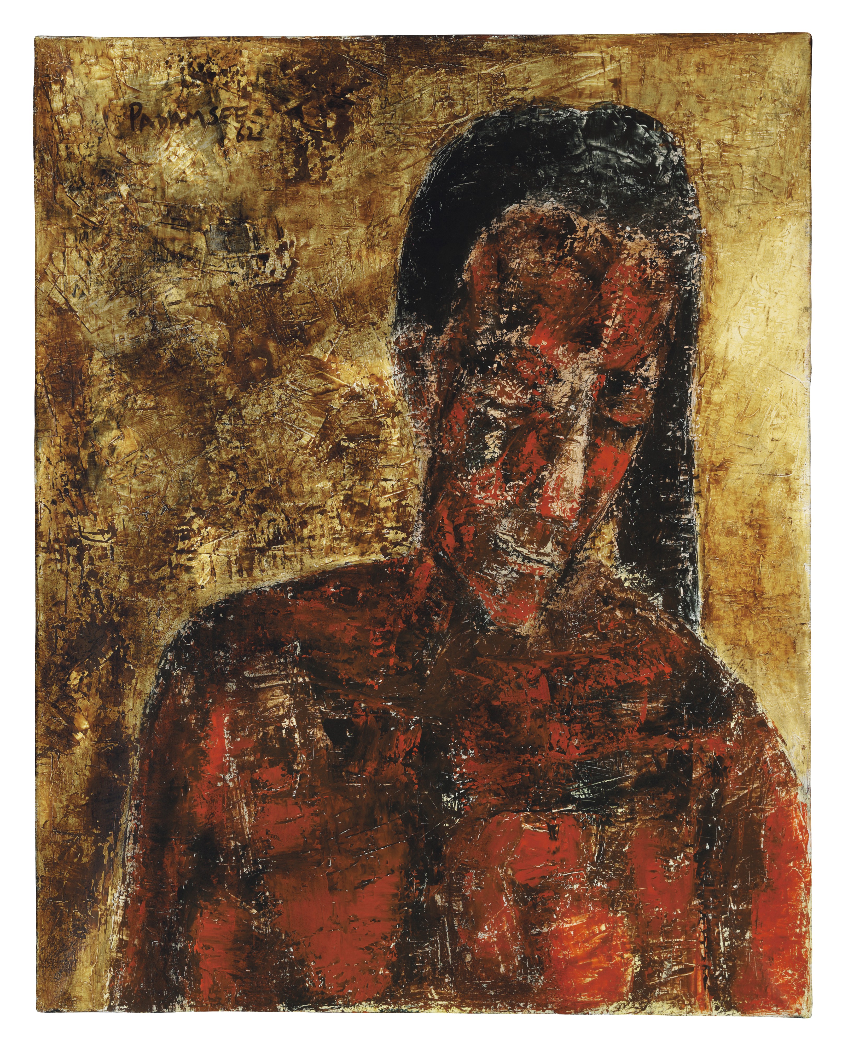Young Woman with Black Hair and Inclined Head, Akbar Padamsee.
'Jeune Femme Aux Cheveux Noir, La Tête Inclinée' (Young Woman with Black Hair and Inclined Head was painted in 1962 when Akbar Padamsee (b. 1928) returned to Paris for the third time. At that time he was experimenting with light, texture and technique, contrasting dark and luminescent colours with strong brushstrokes. Works from this period are constructed with thick impasto applied by palette knife, creating an almost sculptural effect which accentuates the play of light and shade. (Estimate: $300,000-500,000)
