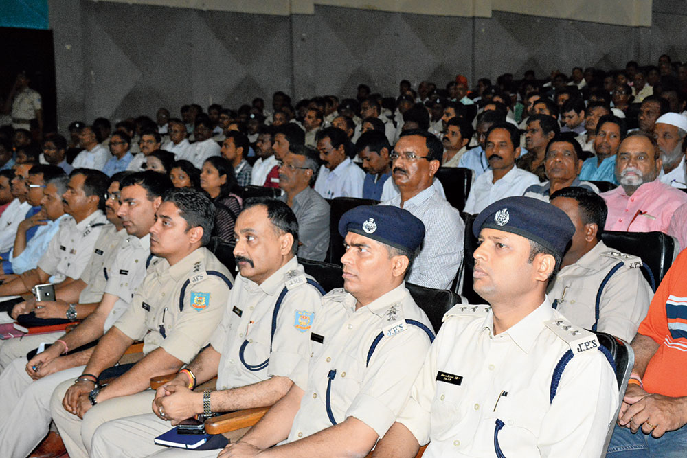 Senior police officers at the peace committee meeting in Sakchi, Jamshedpur, on Tuesday. 
