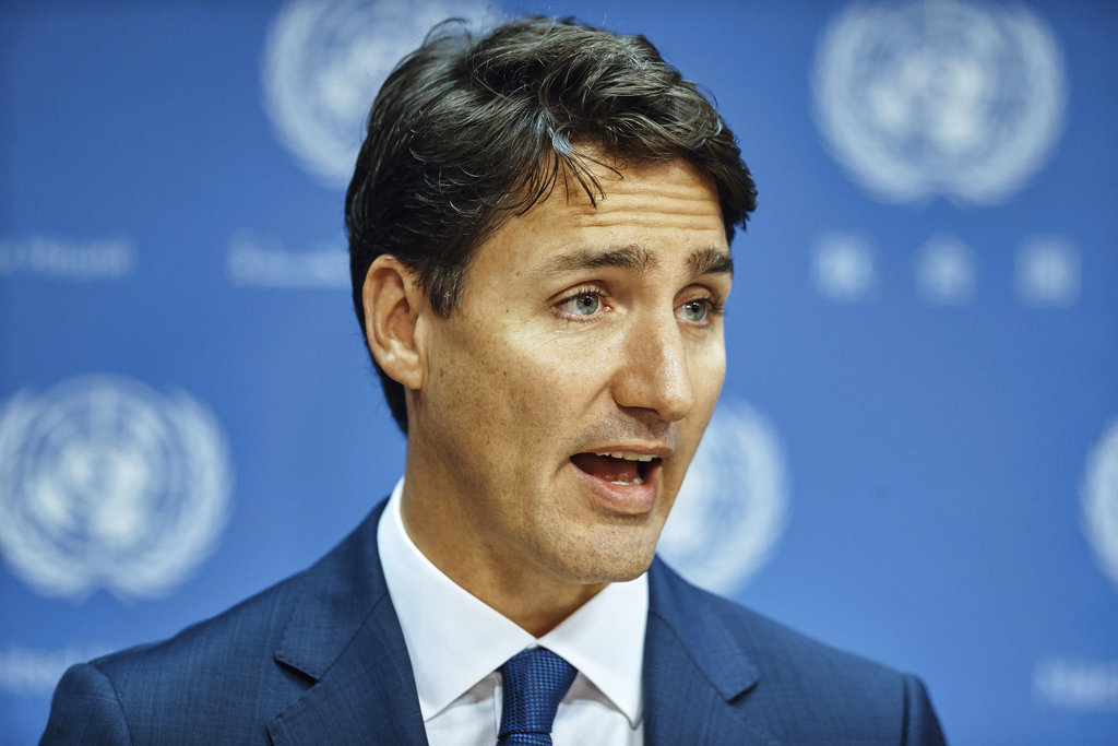 Justin Trudeau speaks to reporters at the UN headquarters on Wednesday.